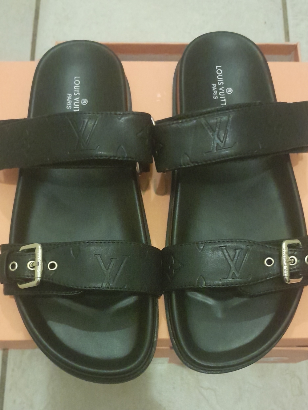 Louis Vuitton Black Embossed Leather Double-Strap Slide Sandals